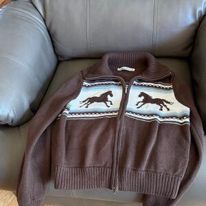 Abercrombie & Fitch Brown Zip Up Sweater with Horse Design